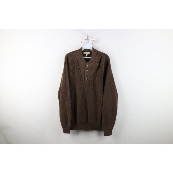 Vtg Cabelas Mens XL Faded Blank Heavy Cotton Ribbed Knit Henley Sweater Brown